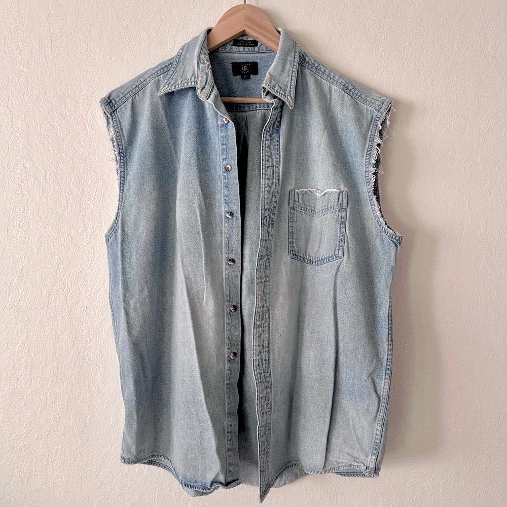 Vintage 90s club room blue cotton denim sleeveless button collar shirt large